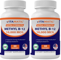 Vitamatic Methyl B12 (Methylcobalamin) 10,000 mcg – 60 Lozenges – Superior Source of Vitamin B12 for Energy & Nerve Health (Pack of 2)