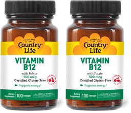 Country Life Vitamin B12 with Folate, Supports Energy & Red Blood Cell Production, 500mcg, 100 Lozenges, Certified Gluten Free, Certified Vegan, Certified Halal, Non-GMO Verified (Pack of 2)