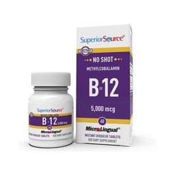 Überlegene Quelle No Shot Methylcobalamin B-12 5000 mcg - Vitamin B-12 zur Unterstützung der Energieproduktion, Gehirngesundheit und allgemeine Wellness - Sublinguale Tabletten für schnelle Absorption - 60 auflösende Tabletten