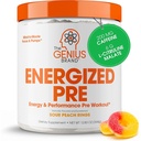 Genius Energized Pre Workout Powder – Koffein Infused Pre-Workout Booster Supplement mit Beta Alanine & Alpha GPC, keine künstlichen Süßungsmittel oder Farbstoffe - 200mg Koffein, 20 Portionen, Sauer Peach Ringe