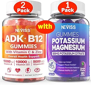 NEVISS 2Pack Vitamin ADK mit B12 + 1Pack Kalium Magnesium Gummi