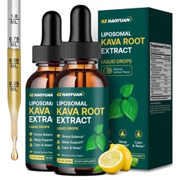 Kava Kava Liquid for Calming & Relaxation – Liposomal Kava Root Extract Supplement with GABA, Ashwagandha & Magnesium - Support Mood & Better Sleep, Vegan Kava Drops Lemon 2 Fl Oz 2 Pack