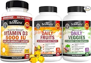 BioSchwartz Daily Fruits and Veggies Supplement für Frauen und Männer (2 Monate Versorgung) Plus High Strength Vitamin D3 5000 IU 125 mcg (1 Jahr Versorgung)