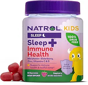Natrol Kids Sleep+ Immune Health Gummies mit Melatonin, Zink, Vitamin C und D, Elderberry, 50 Himbeere Flavored Melatonin und Immune Health Gummies, 50 Tage Versorgung