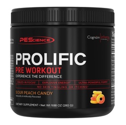 PEScience Prolific Pre Workout Pulver für Männer und Frauen mit L-Citrulline Nitric Oxid Booster, Energy Powder & Nootropic for Focus – Vorbereitung ohne Beta Alanine – 40 Scoops, Sour Peach Candy