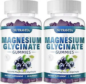 Magnesium-Glycinat-Gummien 1000mg mit Magnesium L-Threonat,Chelat Magnesium-Kalium-Komplex-Ergänzung mit VitD, B6, CoQ10, Calcium,Unterstützung für Gedächtnis, ruhig, Stimmung - 180 Gummi Blueberry