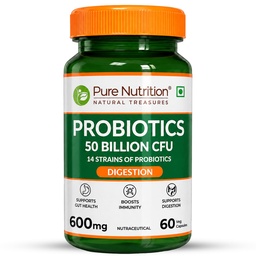 Pure Nutrition Probiotic Supplement, 50 Billion CFU, 60 Veg Capsules | 14 Strains of Live Cultures (600mg) | Supports Gut Health, Improves Digestion, Enhances Nutrient Absorption & Boosts Immunity | Vegan