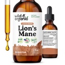 Wild & Organic Lions Mane Liquid Drops - Fokus & Brain Support - Lions Mane Supplement - Hericium Erinaceus Mushroom Extract Tincture - Vegan, Alkohol & Zuckerfrei - 2 fl oz