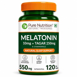 Pure Nutrition Melatonin 10mg with Tagar 250mg - 120 Veg Tablets | Non-Addictive Sleep Aid | Helps Fall Asleep Fast | Promotes Deep Sleep | Enhances Sleep Quality | Helps In Relaxation