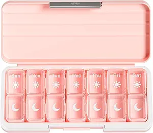 Zoksi Am Pm Pill Organizer 7 Tage, Wöchentliche Pille Box 2 Mal pro Tag, Medizin Pill Organizer mit separatem Kompartment, Reise Pillen Fallspender Portable für Vitamine, Fischöle, Medikamente(Pink)