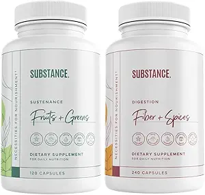 SUBSTANCE. Bundle: Nature's Sustenance Daily Fruits & Veggies (120 Kapseln) + Nature's Fiber & Spices (240 Kapseln) - Enhance Digestive Health, Energy & Overall Wellness - US Made, Vegan-Friendly