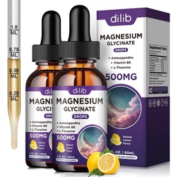 Magnesium-Glycinat-Ergänzung, Magnesium-Flüssigkeit Tropfen mit Magnesium-Glycinat 500mg Vitamin B6, Ashwagandha, L - Theanin, Kamille -Unterstützung Stressabbau, Knochen, Muskel, Stimmung Vegan (Paket von 2)