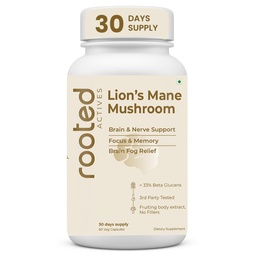 Rooted Active's Lion's Mane Mushroom for Brain Health Support - Mushroom Support for Focus & Memory Function - Immune & Nervous System Supplement | 60 Caps
