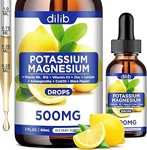 Kalium Magnesium Citrat Supplement, flüssiges Magnesium Citrat Tropfen 500mg mit Ashwagandha, Calcium, Zink, Vitamin D3, B6, B12, CoQ10 - Vegan 2 fl oz Ananas Flavor