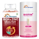 Dr. Morepen Biotin+ 10,000 mcg with Pure Sesbania Agasthi Extract + Iron & Zinc Tablets with Vitamin C & B12 | Hair, Skin, Nails & Daily Nutrition Wellness Combo for Men & Women