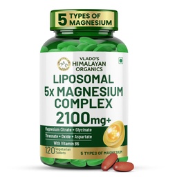 Vlado's Himalayan Organics 5X Strength Liposomal Magnesium Supplement - 2100mg+ with Chelated Magnesium Glycinate, Citrate, Oxide, Threonate, Aspartate & Triple magnesium Complex | For Sleep, Cramps, Recovery, Nerve & Muscle Function, Clinically Proven, 100% RDA - 120 Tablets