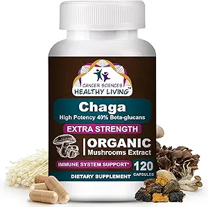 Krebswissenschaften Chaga Wellness Pilz-Ergänzung, USDA Certified Organic Mushroom Extract, Extra Strength 1.500 mg, Hohe Potenz 40% Beta-Glucans, Immununterstützung, Gut Health, Antioxidans, 120 Caps