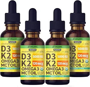 (4 Pack) Bio Vitamin D3 K2 Tropfen mit MCT Öl Omega 3, maximale Stärke Vitamin D Flüssigkeit 5000 IU, keine Füllstoffe, Non-GMO Flüssigkeit D3 für schnellere Absorption und Immununterstützung (Pineapple, 4 Fl Oz)