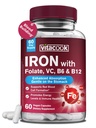 Eisen Ergänzung für Frauen und Männer, Eisen Bisglycinat mit Vitamin C, B6, B12, Folate, Stomach Friendly, Non-Constipating, Blood Health & Energy Boost, 60 Vegan Caps