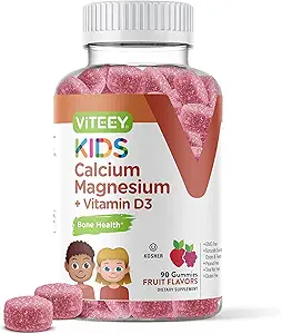 VITEEY Kids Calcium Gummi + Vitamin D3 & Magnesium Citrat für Kinder und Jugendliche - Unterstützt Knochengesundheit, Immununterstützung, Energie & Muskelfunktion - Glutenfrei, GMO frei - Tasty Kaubares Obst Geschmack