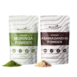NeutraLeaf Organic Moringa Powder 200g + Ashwagandha Powder 200g Combo | Energy, Stamina & Stress Support | 100% Natural Superfoods, Rich in Vitamins & Minerals