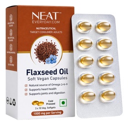 NEAT EVERYDAY Cold Pressed Flaxseed Oil Soft gel Capsules Blister 1000mg Per 2 Cap | Omega 3 Flaxseed Vegetarian Capsules Support Heart, Joint & Skin | No Fish Oil | Gluten Free Capsule (30 Capsule, Blister)