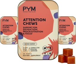 PYM Attention Chews Unterstützung für Procrastination, Fokus & Produktivität, 60 Count | 518mg L-Carnitin, 54mg Tyrosin, 11mg L-Taurine - Koffeinfrei | All-Natural Mood Boost Supplement Made in USA