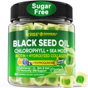 Black Seed Oil Gummi, Chlorophyll & Sea Moss Supplement 500mg, Biotin 500mcg mit hydrolysiertem Kollagen für Haut, Haar & Nägel, Vit E, C, Zink für Gesamtgesundheit, Organisch kalt gepresst, Hohe Absorption