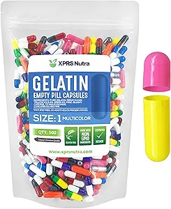 XPRS Nutra Größe 1 Leere Kapseln - 500 Graf Leere Gelatine Kapseln - Pille DIY Kapsel Füllung - Pure Bovine Pill Gel Kapseln für Do-It-Yourself Ergänzungen (Multi Color)