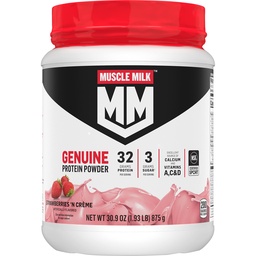 Muscle Milk Genuine Protein Powder, Erdbeeren 'N Crème, 1.93 Pfund, 13 Portionen, 32g Protein, 3g Zucker, Calcium, Vitamine A, C & D, NSF zertifiziert für Sport, Energiespendende Snack, Verpackung Mai Vary