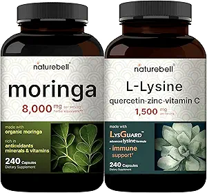NatureBell Moringa Oleifera 8000mg Pro Serving & L-Lysine 1000mg Kapsel Bundle Pack | Superfood Antioxidant | Freie Form Aminosäuren, L Lysine Complex