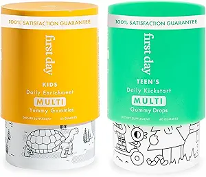 FIRST DAY Multivitamin Gummie Bundle für Kinder & Jugendliche – Vitamine A, B, C, D & K + Folate, Magnesium, & Zink – Made w/Organic Fruits & Veggies, Only 2g Sugar – 2-Pk, 30 Day Supply