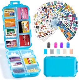 14 Grids Travel Pill Organizer Box mit 415-Pcs Medizin Name Etiketten - Pocket Daily Pharmacy Case Container Kit - Travel Medication Holder Dispenser für Fish Oil Vitamin Supplement Storage - Blau