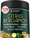 6in1 Citrus Bergamotte Ergänzung mit Ashwagandha, Heilige Basilikum, Turmeric & Ginger Root - Gesunde Alterung, Immune & Entspannung - 120 Vegan Kapseln
