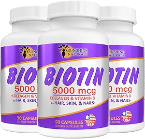 Sunshine Naturals Biotin Nahrungsergänzung. für gesündere Haut, Thicker Hair, Nail Growth. Kollagen, Vitamin A, B für Haarausfall, Schönheit, Zellerneuerung, Kopfhautgesundheit. 5000 mcg. 90 Kapseln. Pack von 3