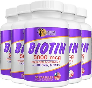 Sunshine Naturals Biotin Nahrungsergänzung. für gesündere Haut, Thicker Hair, Nail Growth. Kollagen, Vitamin A, B für Haarausfall, Schönheit, Zellerneuerung, Kopfhautgesundheit. 5000 mcg. 90 Kapseln. Pack von 5