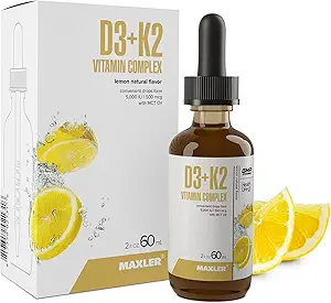 Maxler Vitamin D3 K2 Tropfen mit MCT-Öl - Herz, Knochen & Immununterstützung - keine GVO, Farben, Süßungsmittel, Alkohol - Vitamin D3 5000 IU & Vitamin K2 500 mcg pro 1 Servierung - 120 Portionen Zitronengeschmack