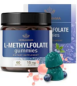 HERBAMAMA L-Methylfolat-Gummien - 15mg 5-MTHF-Berechnungs-Ergänzung für Erwachsene - Vegan, Non-GMO Methylierter Folat (Vitamin B9) für Brain-Support - 60 Pectin-Based Blueberry-Flavored Chews