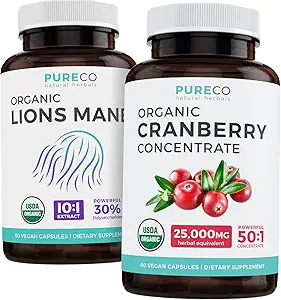 Sparen Sie $4 (12% off) - Mind & Body Bundle - Organic Cranberry Konzentrat (50:1 Konzentrat - gleich 25.000 mg Frische Cranberries) und Bio Lions Mane (10:1 Extrakt - gleich 10.000 mg Pilze)