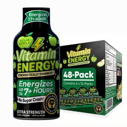 Vitamin Energy Workout+ Extra Strength Energy Shot Sour Apple 48 Pack, 260mg Natural Caffeine, Pre-Workout, B-Vitamine, Mineralstoffe, Endurance & Performance, Zero Sugar, Gluten-Free, Vegan, 1,93 fl oz