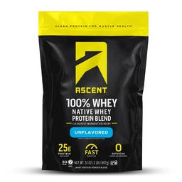 Ascent 100% Whey Protein Powder - Post Workout Whey Protein Isolate, Zero Artificial Flavors & Sweeteners, Glutenfrei, 5.5g BCAA, 2.6g Leucine, Unflavored 2 lb