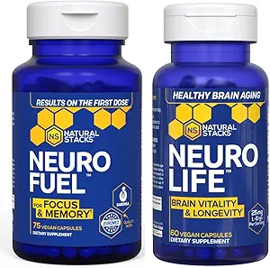 NATURAL STACKS NeuroFuel Nootropic + NeuroLife Bundle - Unterstützt Fokus, Gedächtnis & Gehirn Langlebigkeit* - Gehirngesundheitsergänzungen - 135 Gesamtkapseln