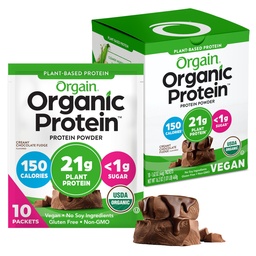 Orgain Organic Vegan Protein Powder, Creamy Chocolate Fudge - 21g Pflanzenprotein, 6g Prebiotic Fiber, Low Carb, No Lactose Ingredients, No Added Sugar, Non-GMO, Für Shakes & Smoothies, 10 Travel Packs