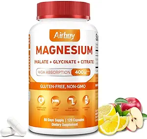 Airboy Magnesium Mineral Ergänzungen Triple Magnesium Complex Supplement, 400mg Magnesium Glycinat, Malat, Citrat, hohe Absorption Unterstützung Schlaf, Muskel und Entspannung, 120 Vegan Kapseln