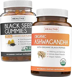 Black Seed Oil Gummies & Ashwagandha (1-Monats-Versorgung) - Vital Calm Fusion Bundle - Black Seed Oil Gummies Ginger Ale Flavor Cold-Pressed Nigella Sativa & Organic Ashwaganda Natural Adrenal Support