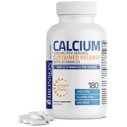 Bronson Calcium 1200 MG Pro Servieren Sustained Freisetzung mit Vitamin D3 1000 IU Vitamin D3 Pro Servieren Non-GMO, 180 Tabletten