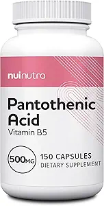 NUI NUTRA Pantothensäure (Vitamin B5) Ergänzung 500mg, 150 Kapseln - Unterstützt Energie, Fokus, Verdauungssystem, & Gesunde Haut