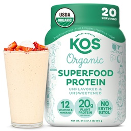 KOS Vegan Protein Powder, Unflavored & Unsweetened - Low Carb Pea Protein Blend, Organic Superfood Rich in Vitaminen & Minerals - Keto, Soy, Dairy Free - Meal Replacement for Women & Men - 20 Servings