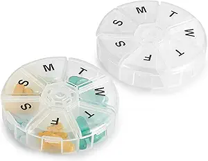Weekly Pill Organizer - (Pack von 2) 7 Tage Pillen Container, Runde Medizin Organizer Box, Tägliche Woche Pill Reminder Fall Reisen Freundlich, BPA-freies Vitamin, Supplement, Fischöl, Heilmittel Planner