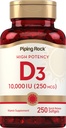 Piping Rock Vitamine D3 10000 UI , 250 mcg , 250 Softgels , 250 Softgels , Supplément sans OGM et sans gluten